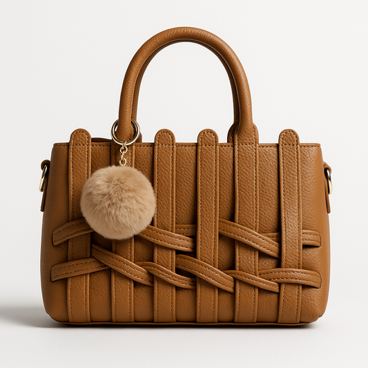 Braided Tan Textured Handbag with Pom Charm